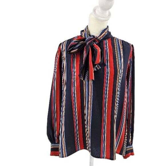 VTG 60s Saint Laurent Rive Gauche Blouse Multicolor Striped Silk Tie Neck Sz 38 - Picture 1 of 6